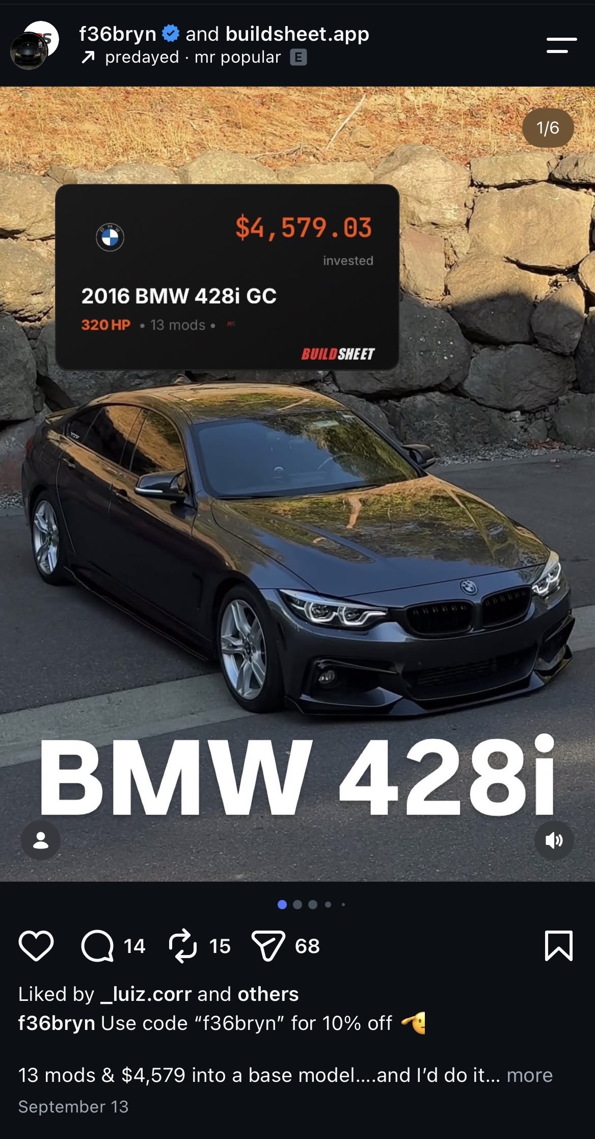 Instagram post featuring a BuildSheet BMW F36 build